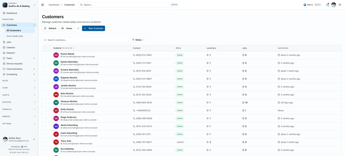 Ormi customer management showing profiles, history, and communication