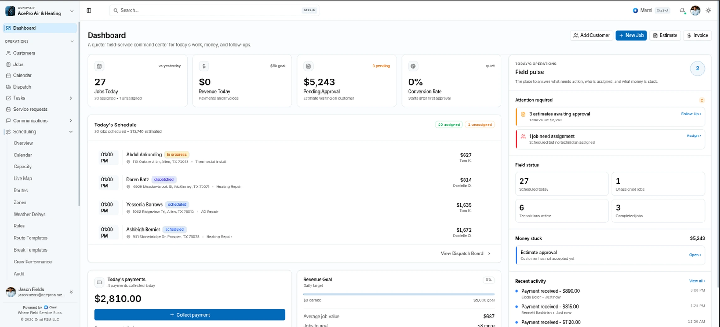 Ormi dashboard — jobs, revenue, and team at a glance