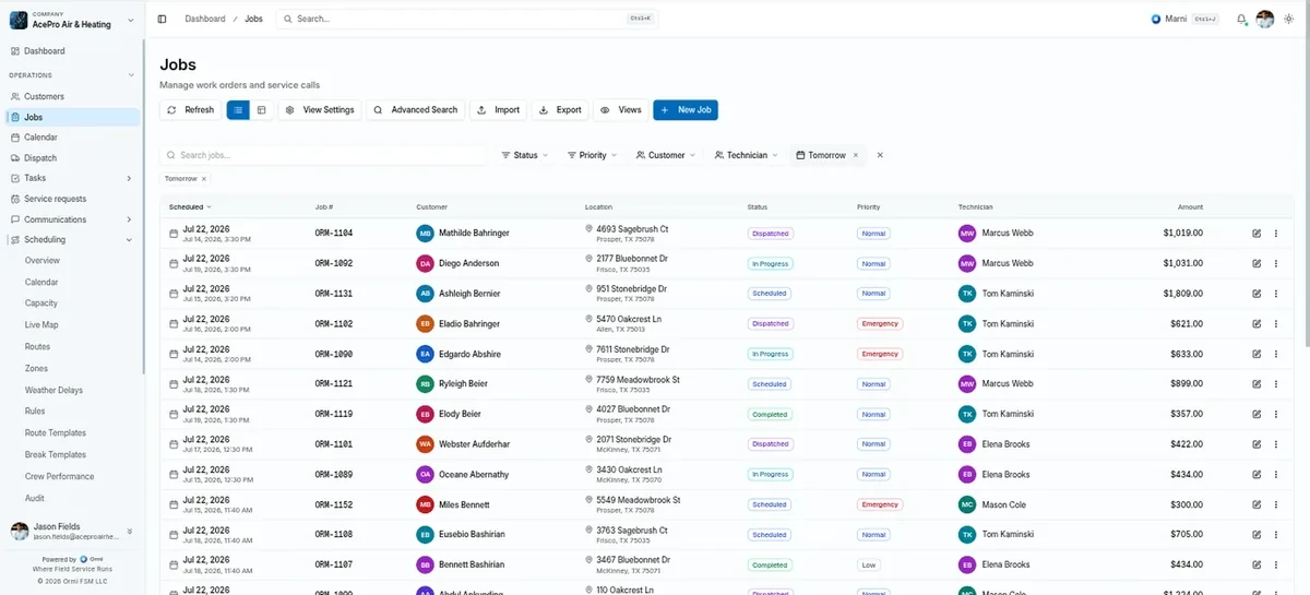 Ormi jobs list with estimates, statuses, and invoices