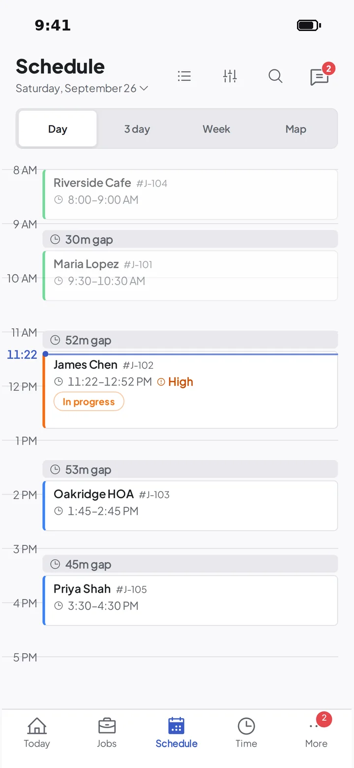 Ormi mobile app showing a technician’s schedule for the day