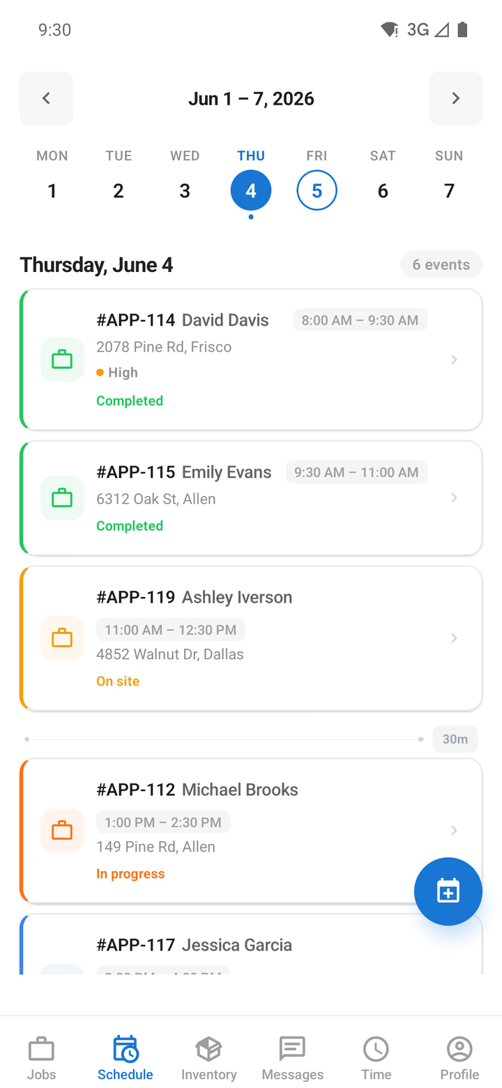 Ormi mobile app showing a technician’s schedule for the day